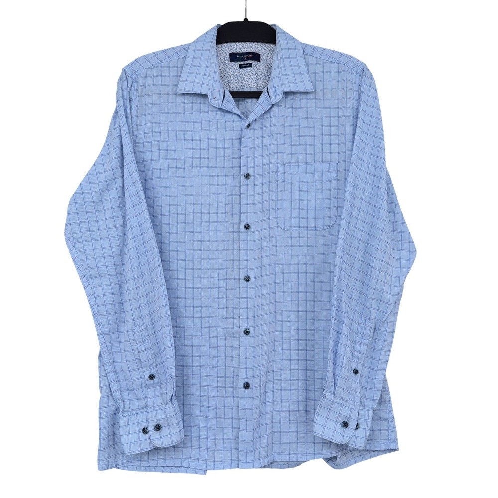 Peter England Nuvo Fit‎ Mens 40 Cotton Blend Light Blue Grid Button Front Shirt